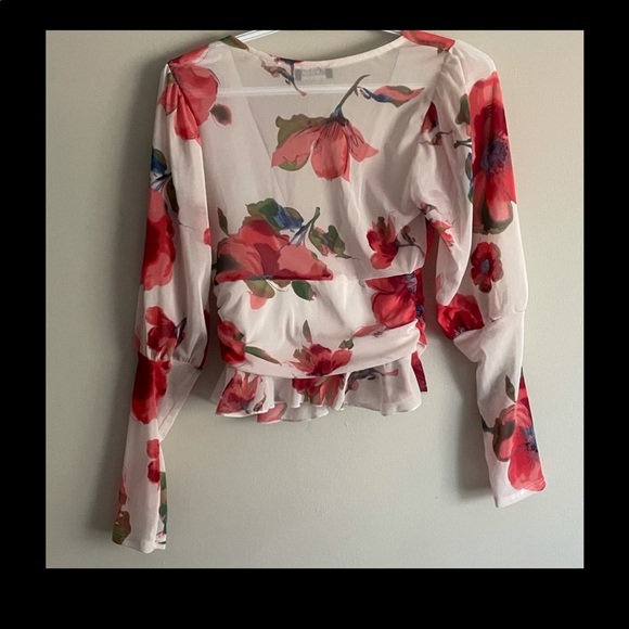 Floral Mesh V-Neck Peplum Long Sleeve Blouse - Picture 4 of 5